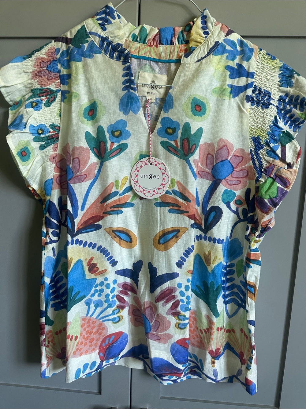 Umgee Cream Floral V-Neck Puff Sleeve Blouse with Multicolor Print
